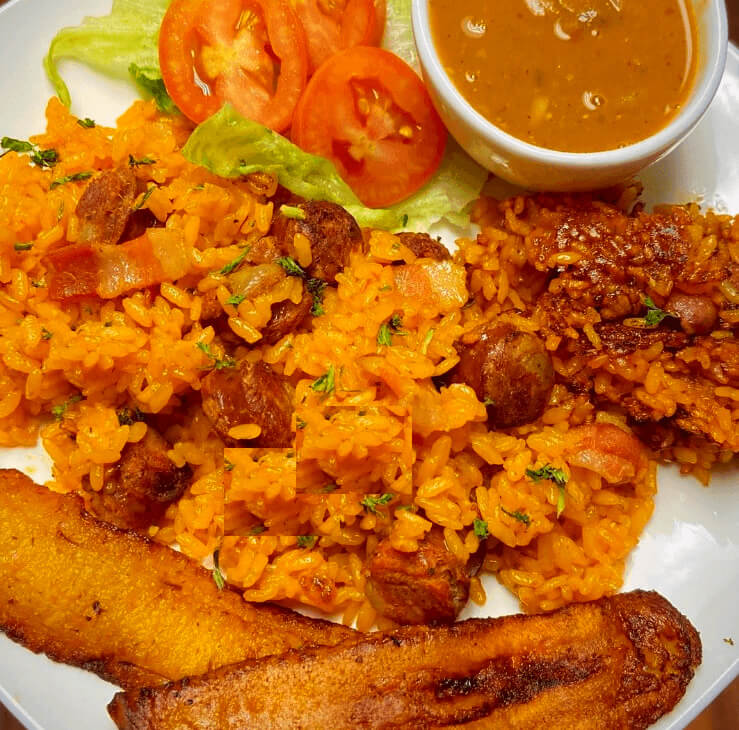 Dominican Republic Vacation, Longaniza and bacon locrio, ripe plantain, stewed beans and salad, Punta Cana