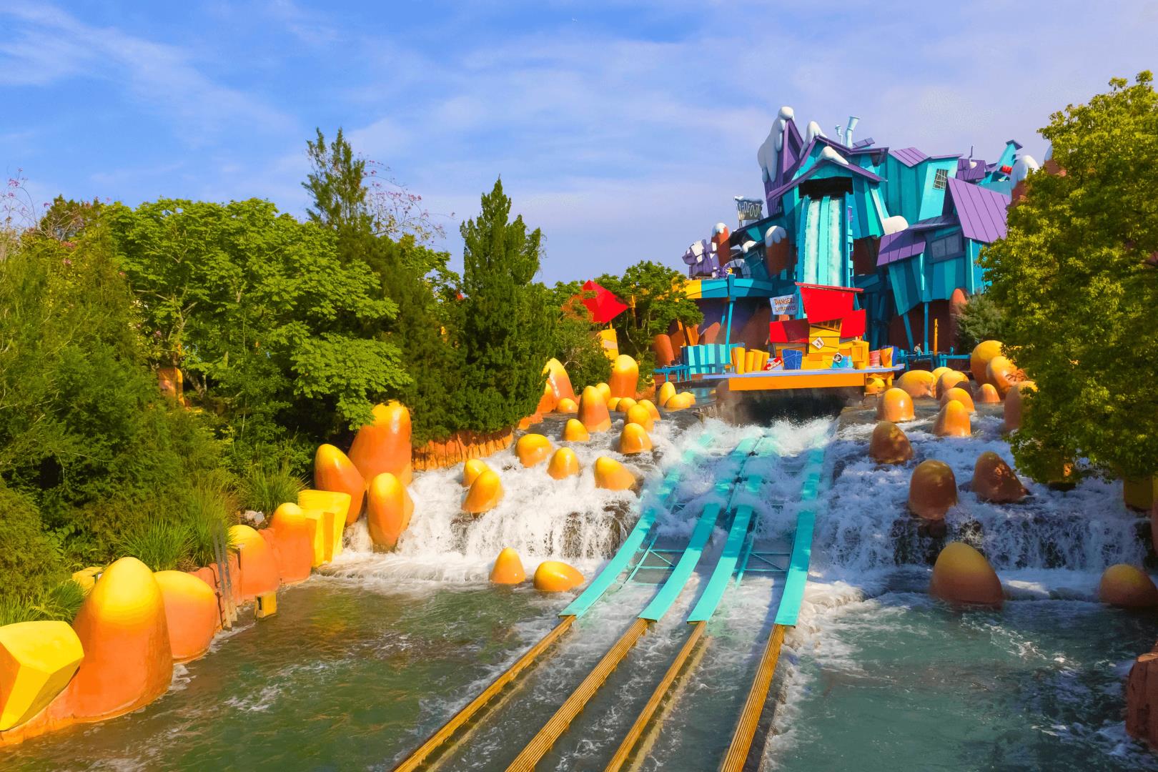 brightly colored water ride with two tracks